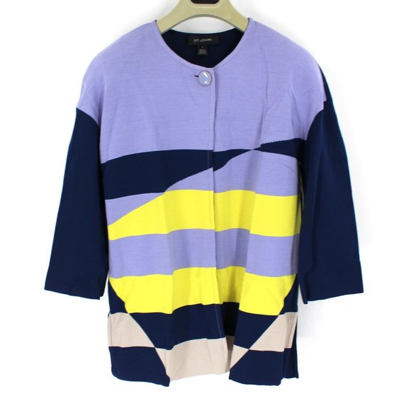 St. John Wool Blend Sweater Knit Color Block Stripe Cardigan Blazer Medium M - Picture 1 of 9
